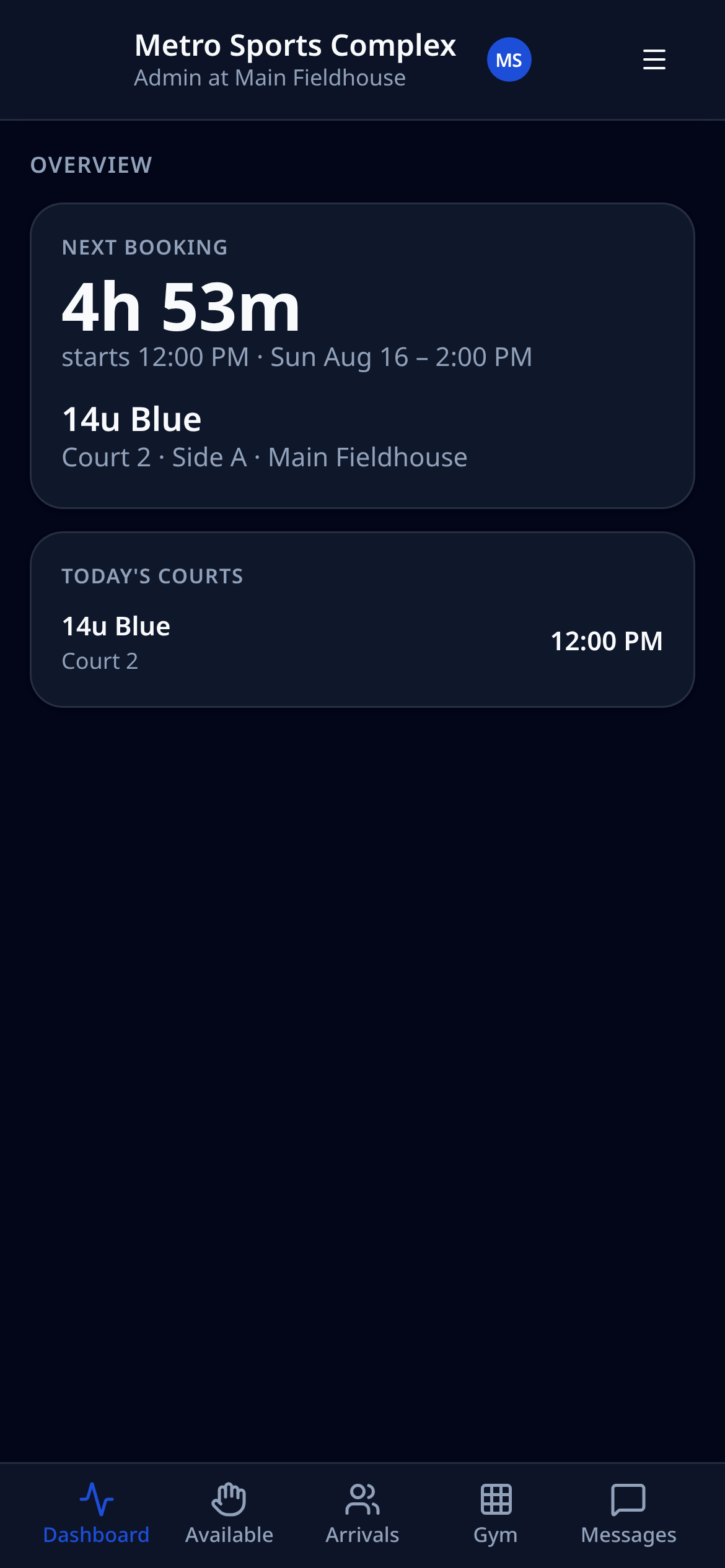 CourtSweep mobile app dashboard